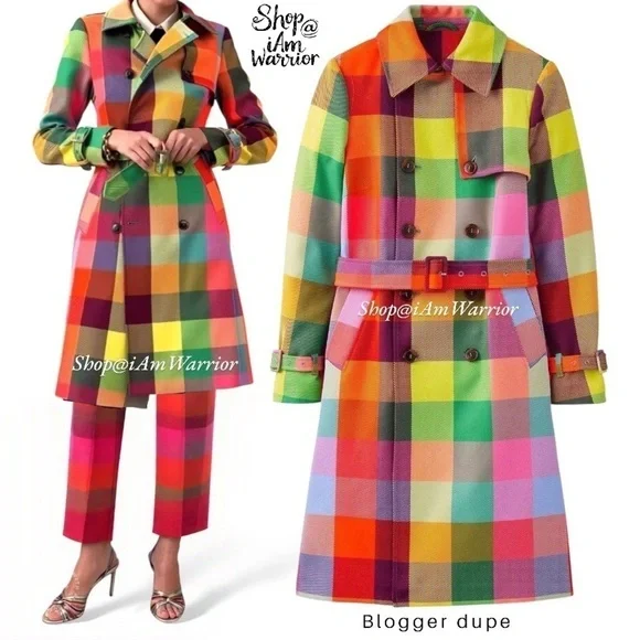 Rainbow checkered NWT double breasted belted trench coat *shop@iamwarrior - Picture 6 of 16